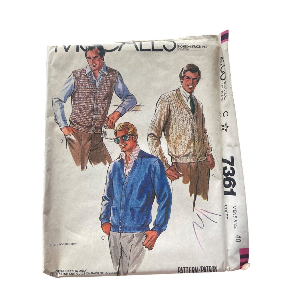 80s McCalls 7361 Sewing Pattern Size 40 Mens Sweater and Vest Dressmaking CUT